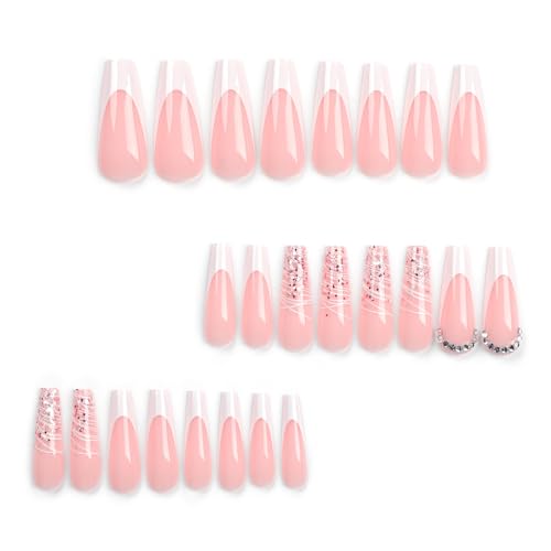 Press on Nails Long Coffin French White Acrylic Fake Nails with Rhinestones Design Glue on Glossy Full Cover Artificial Gel False Stick on Nail for Girls Women Wedding Manicure Gifts 24Pcs - Image 2