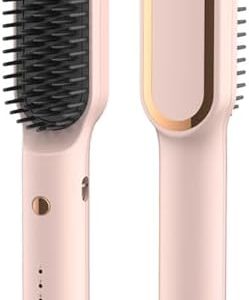 Pink-Gold Cordless Travel Hair Straightening Brush with Auto-Off Safety Feature