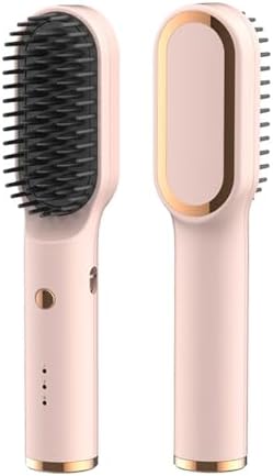 Pink-Gold Cordless Travel Hair Straightening Brush with Auto-Off Safety Feature