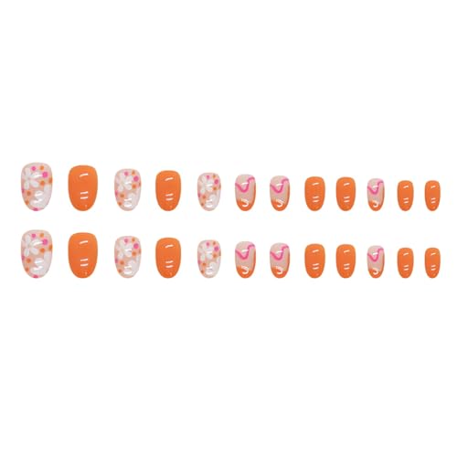 Flower Press on Nails Short Fake Nails, 24Pcs Oval Nails Cute Design Glue on Nails Glossy Orange False Nails Spring Summer Nail Art Decorations Short Almond Acrylic Nails for Women Girls - Image 5