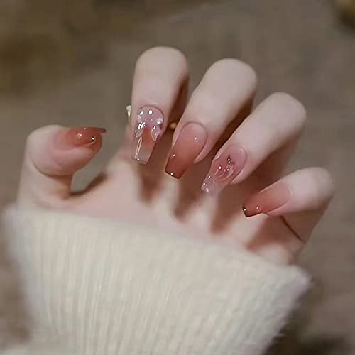 Press Bow Knot Press on Nails Medium Peach Fake Nails Medium Glossy Stick on Nails Natural Full Cover Photochromism False Nails Acrylic Glue on Nails Tips for Women(Pink Bow knot Peach)