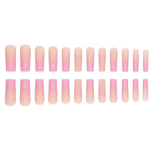 Pink Press on Nails Long Coffin French Nails press ons Valentines Fake Nails Pink Glitter False Nails Designs Pink Heart Valentines Day Nails Full Cover Acrylic Nails Stick on Nails Girls for Women - Image 4