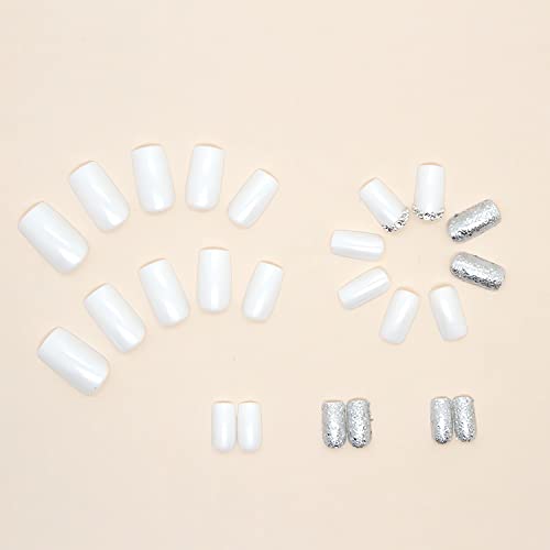 24Pcs White Square Press on Nails Medium Fake Nails with Silver Glitter Designs Glossy Full Cover Acrylic False Nails with Rhinestones Reusable Glue on Nails Cute Artificial Nails for Women Girls - Image 4