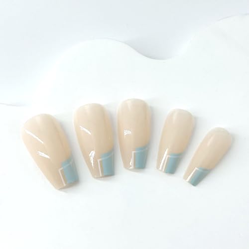 French Tip Press on Nails Medium Coffin Fake Nails Green Blue Glue on Nails Swirl False Nails with Design Acrylic Nails Full Cover Glossy Stick on Nails Artificial Nails for Women Girls - Image 2