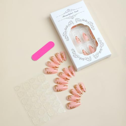 24-Piece Medium Almond Nude Pink Glossy Full Cover Press On Nails Gold Leaf Kit - Image 3