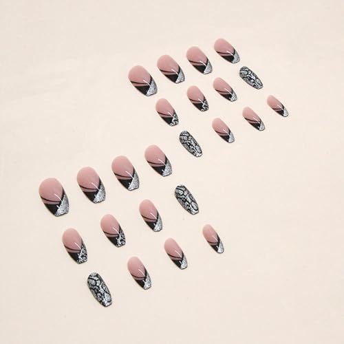 Black French Tip Press on Nails Medium Coffin Fake Nails Silver Glitter False Nails with Design Leopard Glue on Nails Short Acrylic Nails Stick on Nails for Women Manicure 24Pcs - Image 3