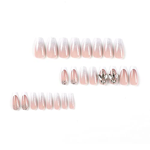 French Tip Press on Nails Medium Length Coffin Fake Nails with Rhinestones Design Glue on Nails Silver Glitter Full Cover False Nails Glossy Stick on Nails for Women Girls 24Pcs - Image 3