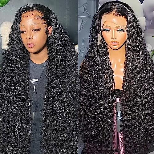 32 Inch 13x6 Water Wave Lace Front Wigs Human Hair Bye Bye Knots 180 Density Deep Wave HD Transparent Frontal Wigs Human Hair 12A Pre Bleached Plucked Wet and Wavy Human Hair Wig