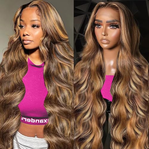 32 inch Honey Blonde Lace Front Wig Human Hair 13x4 HD Transparent 4/27 Highlight Ombre Lace Front Wigs Human Hair Pre Plucked With Baby Hair 180% Density Body Wave Glueless Human Hair Wigs For Women