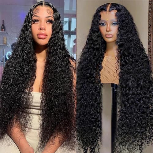 32 Inch Lace Front Wigs Human Hair Water Wave Brazilian Virgin Hair 150% Density 4X4 Water Curly Lace Closure Human Hair Wigs for Black Women Lace Wigs with Baby Hair Natural Color