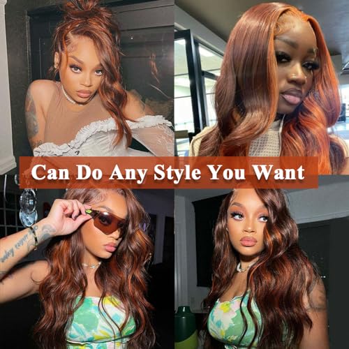 32 Inch Brown Ginger Balayage Ombre Orange Body Wave HD Lace Front Wig 180 Density - Image 4