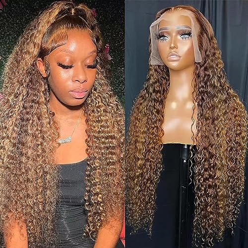 34 Inch Highlight Ombre Lace Front Wig Human Hair 13X6 Frontal Wigs Human Hair 180% Density Water Wave Honey Blonde Glueless Lace Wigs Pre Plucked Hairline Deep Wave Human Hair Wigs for Women
