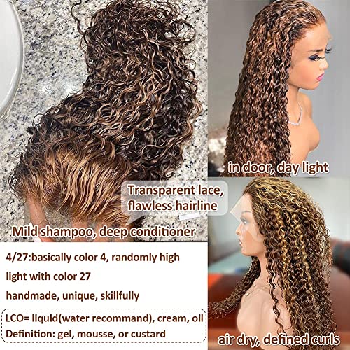 34inch Water Wave P4/27 Highlight 13x4 HD Transparent Lace Front Wigs Ombre Human Hair Wet and Wavy Curly Glueless Lace Frontal Wigs Pre Plucked with Baby Hair 180% Density - Image 4