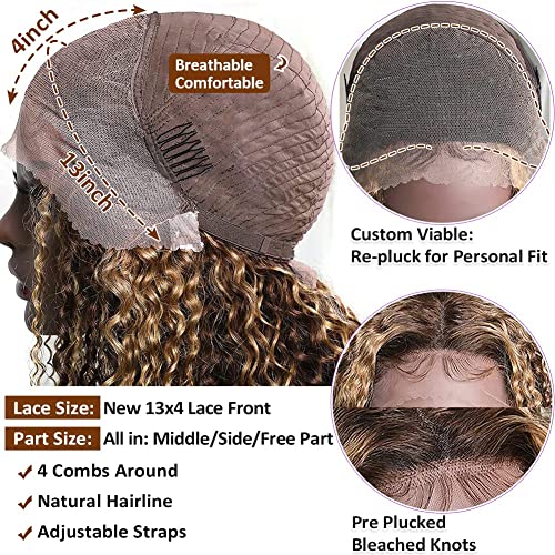 34inch Water Wave P4/27 Highlight 13x4 HD Transparent Lace Front Wigs Ombre Human Hair Wet and Wavy Curly Glueless Lace Frontal Wigs Pre Plucked with Baby Hair 180% Density - Image 5