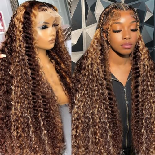 34inch Water Wave P4/27 Highlight 13x4 HD Transparent Lace Front Wigs Ombre Human Hair Wet and Wavy Curly Glueless Lace Frontal Wigs Pre Plucked with Baby Hair 180% Density