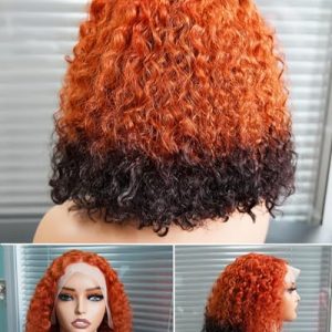 350/1B Colored Curly Bob Wig Human Hair, 14Inch 13X4 Transparent Lace Front Wigs Short Frontal Wigs Pre Plucked 180% Density, Curly Wet and Water Wave Bob Wig for Black Women