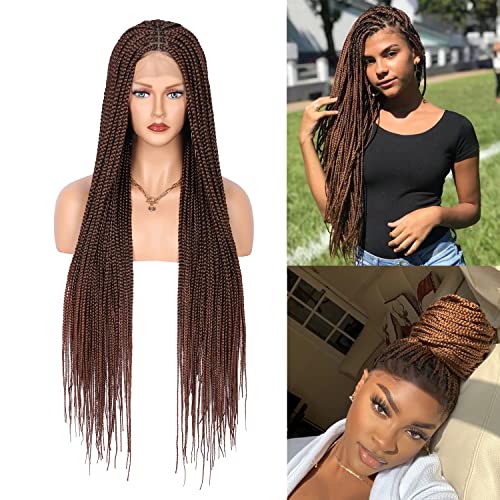 36" Box Braided Wigs for Women Knotless Box Braids Lace Frontal Wig With Baby Hair Embroidery Full double Lace Front Braid Wig Synthetic Ombre Brown Hand Braid Wigs