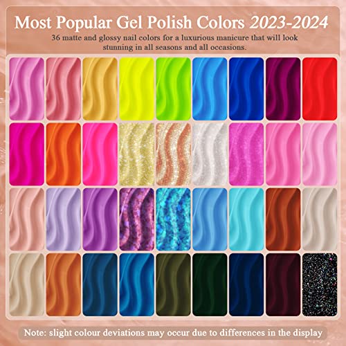 36 Colors Gel Nail Polish Kit with UV Light - Macaron Gel Polish Nail Kit wtih Base and Matte Glossy Top Coat,Blue Black Yellow Glitter Gel Polish Kit with 48W LED Nail Lamp and Manicure Tool for Diy Home, Gift for Women - Image 3