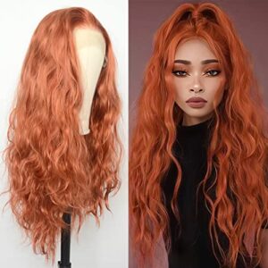 360 Copper Red Natural Wavy Lace Front Wigs Synthetic Loose Body Wave Ginger Heat Fiber Hair for Women Replacement Wigs Half Hand Tied Cosplay Daily Wear 22inch (22 Inch, 13x3,Coppre Red,Wavy)