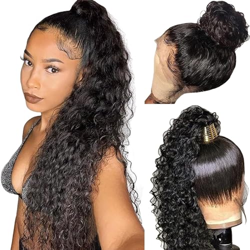 360 Lace Front Wigs Human Hair Pre Plucked,200 Density Curly Water Wave Lace Front Wigs Human Hair For Black Women,HD Transparent Lace Front Wigs Human Hair,Can Make High Ponytail and Bun 16 Inch