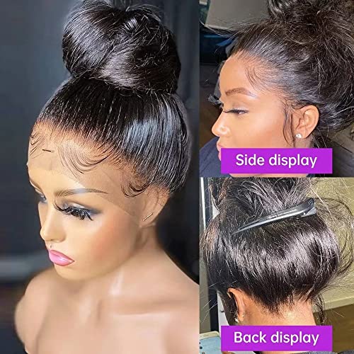 360 Lace Frontal Wig Brazilian Bone Straight Human Hair Wig For Women HD Lace Front Human Hair Wig Pre Plucked With Baby Hair Glueless Natural Hairline Wig Bleached Knots Natural Black Color 150% Density 16Inch - Image 2