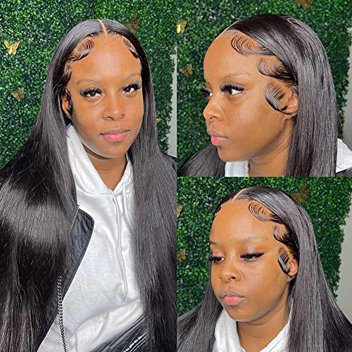 360 Lace Frontal Wig Brazilian Bone Straight Human Hair Wig For Women HD Lace Front Human Hair Wig Pre Plucked With Baby Hair Glueless Natural Hairline Wig Bleached Knots Natural Black Color 150% Density 16Inch - Image 4