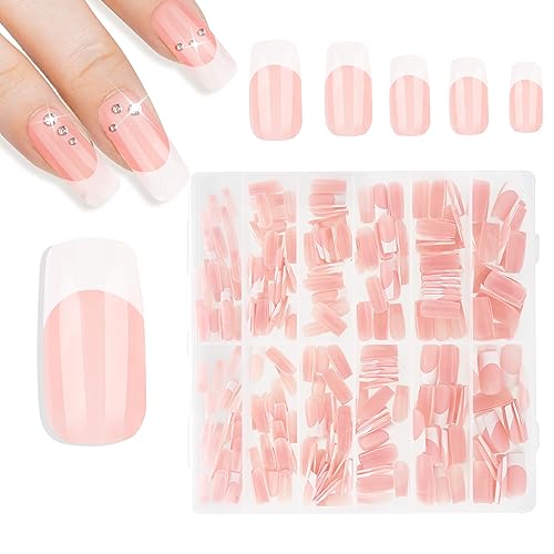 360pcs Press on Nails, French Tip Nude Color False Nails Coffin Fake Nails Full Cover Stick on Nails Glossy Ballerina Glue on Nails for Women Nail Salon DIY Nail Art, 10 Sizes(Long Square)