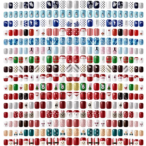 384Pcs 16Pack Faux Nails with Santa Elk Snowflake Pattern for Women - Short Square Christmas Glue On Plastic Artificial Full Cover Nails (Vibrant Pattern)