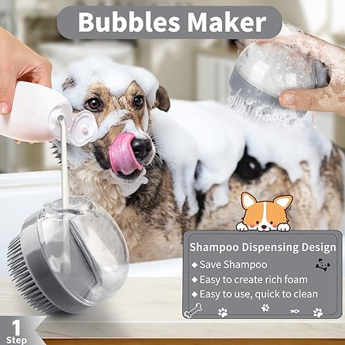 3-Piece Grooming Dog Bath Brush Set with Adjustable Handle for All Hair Types Gray Black - Image 2