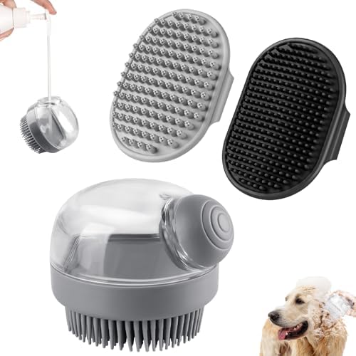 3-Piece Grooming Dog Bath Brush Set with Adjustable Handle for All Hair Types Gray Black