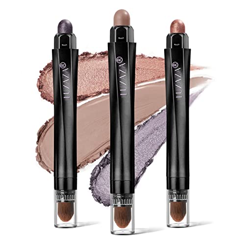 3Pcs Eyeshadow Stick Set, Matte And Shimmer Creamy Eyeshadow Pencil,Eye Brightener Stick,Nude Caramel Grayish Purple Shadow Stick Set, Waterproof Long Lasting Smoky Highlighter Eye Makeup