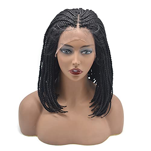 3"X3.8" Lace Front Twist Braided Wigs with Baby Hair for Black Women Natural Looking Premium Quality Kanekalon Synthetic Shoulder Length Hair Lightweight Hand Tied Lace Front Box Braids Glueless Wig Black Color (#1B)