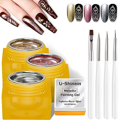 3x8ml Metallic Painting Gel with Brushes, Silver Golden and Rose Gold Painted Gel Nail Polish, Mirror Nail Polish Glossy Effect Soak Off UV/LED for DIY Nail Art Manicure