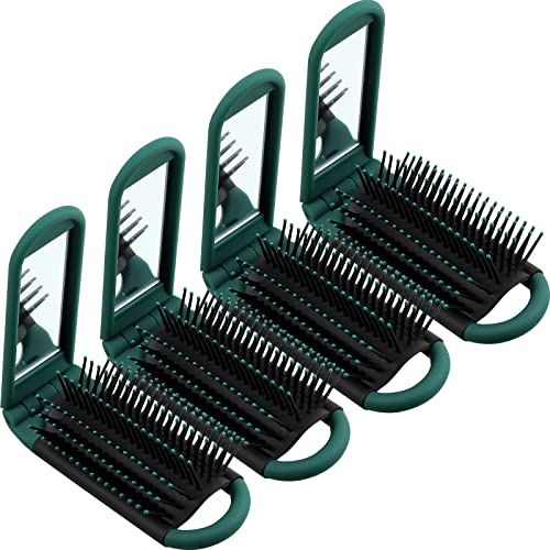 4 Pcs Folding Hair Brush with Mirror Portable Mini Hair Brush Small Compact Pocket Hair Comb for Family School Travel Car Gym Wig Bag Purse Gift Women Kids (Black, White, Gray)