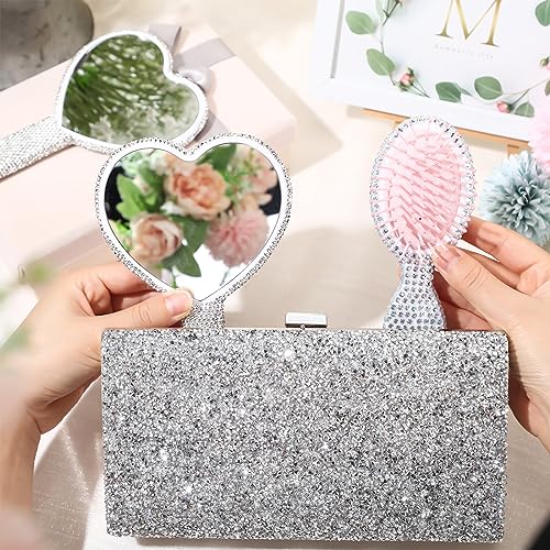 4 Pcs Rhinestone Handheld Mirror and Bling Hair Brush Set 2 Cute Heart Shaped Mirror 2 Wet and Dry Hair Brush for Women, Girls Bride, Bridesmaid Gift (White and Silver) - Image 4