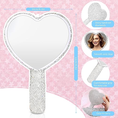 4 Pcs Rhinestone Handheld Mirror and Bling Hair Brush Set 2 Cute Heart Shaped Mirror 2 Wet and Dry Hair Brush for Women, Girls Bride, Bridesmaid Gift (White and Silver) - Image 2