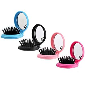 4 Pcs Round Travel Hair Brush with Mirror Folding Pocket Hair Brush Mini Hair Comb Compact Travel Size Hair Massage Combor for Women and Girls