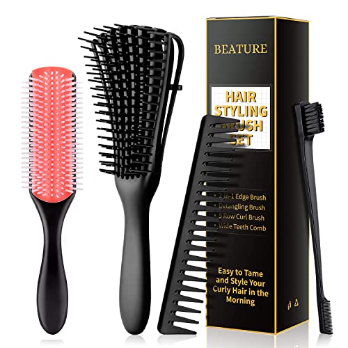 4 Piece Curly Hair Detangling Brush and Comb Set Wide Tooth Comb and Edge Control Brush