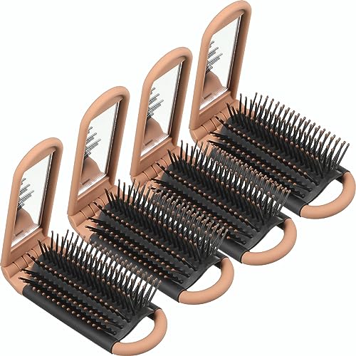 4 Piece Portable Mini Folding Hair Brush Set with Mirror for Travel and Daily Use Brown