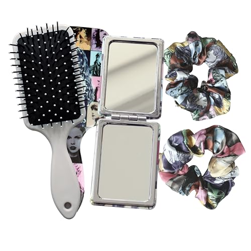 4 Piece Taylor Merch Gifts Set Including Taylor Hair Brush with 2PCS Scrunchies for Girls with 1 Portable Makeup Mirror, Suitable for Women Girls Birthday Friendship Stuff