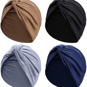 4 Pieces Turbans for Women Soft Pre Tied Knot Fashion Pleated Turban Cap Beanie Headwrap Sleep Hat, 4 Colors