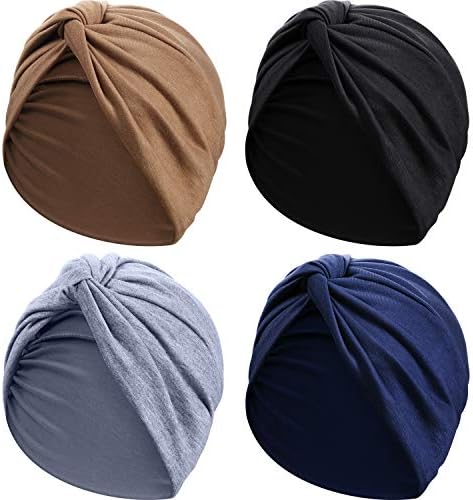 4 Pieces Turbans for Women Soft Pre Tied Knot Fashion Pleated Turban Cap Beanie Headwrap Sleep Hat, 4 Colors