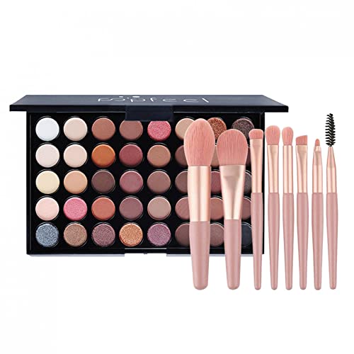 40 Color Smokey Eye Eyeshadow Palette with 8 Piece Makeup Brush Set Long-Lasting