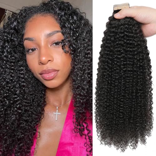 16 Inch Kinky Curly Human Hair Tape-In Extensions for Black Girls, 80g 40pcs