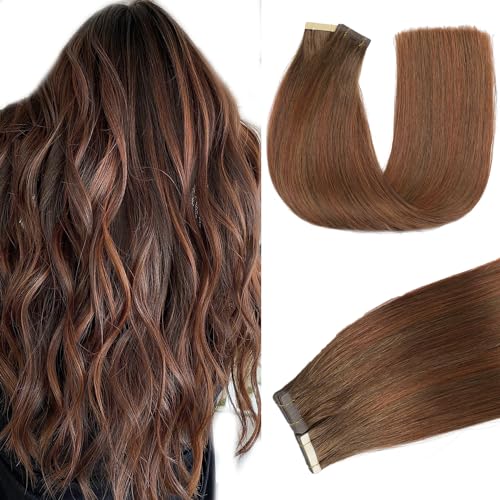 40pcs 18 Inch 80g Tape in Hair Extensions, Chestnut Brown Mixed Dark Auburn Tape in Hair Extensions Human Hair Straight Tape Ins Invisible Remy Tape in Hair Extensions Human Hair (T4/(4/33) #, 18inch)