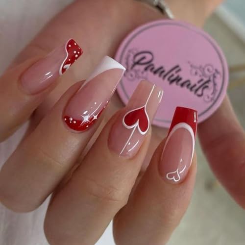 Valentine's Day Press on Nails Medium Length - French Tip Press on Nails Red Heart Deigns Glossy Pink Fake Nails with Square Valentine's Acrylic Nails Full Cover False Nails for Women and Girls 24 Pcs - Image 2