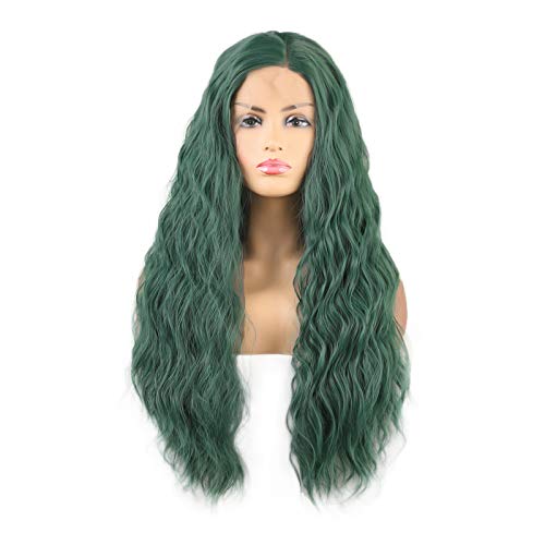 WeiSha Dark Green Wig For Women Long Wavy Synthetic Lace Front Wig Beach Wave With Natural Hairline Side Parting 13x4 Frontal Lace Wig Heat Friendly Fiber Viridian Green Wig 150% Density (24 Inches) - Image 2