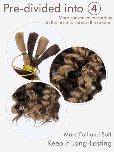 Ombre Braiding Hair 1 Bundle 50g 18 Inch P4/27 Human Braiding Hair Deep Wave Honey Blonde Braiding Hair Highlight Water Wave Bulk Human Hair 100% 10A Brazilian Brown Bariding Hair for Boho Braids - Image 2