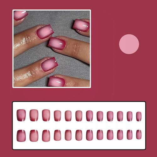 24Pcs Short Press on Nails Ballet Shape Fake Nails Coffin False Nails with Pink Blush French Designs Rose Red Acrylic Glossy Nails Artificial Full Cover Glue on Nails for Women Girls Summer Manicure - Image 4