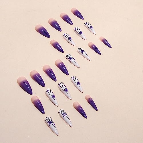 Long Press on Nails Stiletto Fake Nails with Purple Gradient Purple Flower Design Full Cover White Violet Gradient Artificial Nails for Women and Girls Summer Holiday Extra Long Acrylic Nails, 24 pcs - Image 3